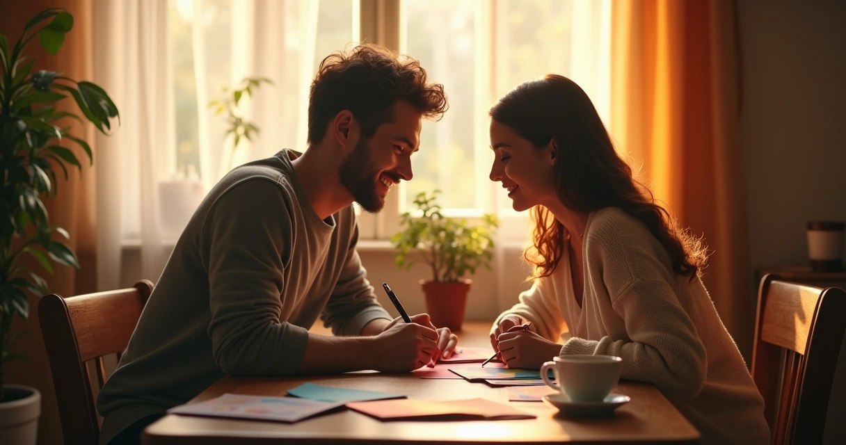 Casal escrevendo carta de amor sentados à mesa com luz suave 