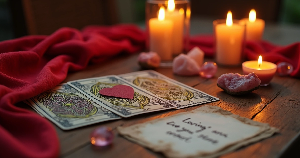 Mesa de tarot com cartas, velas e cristais 