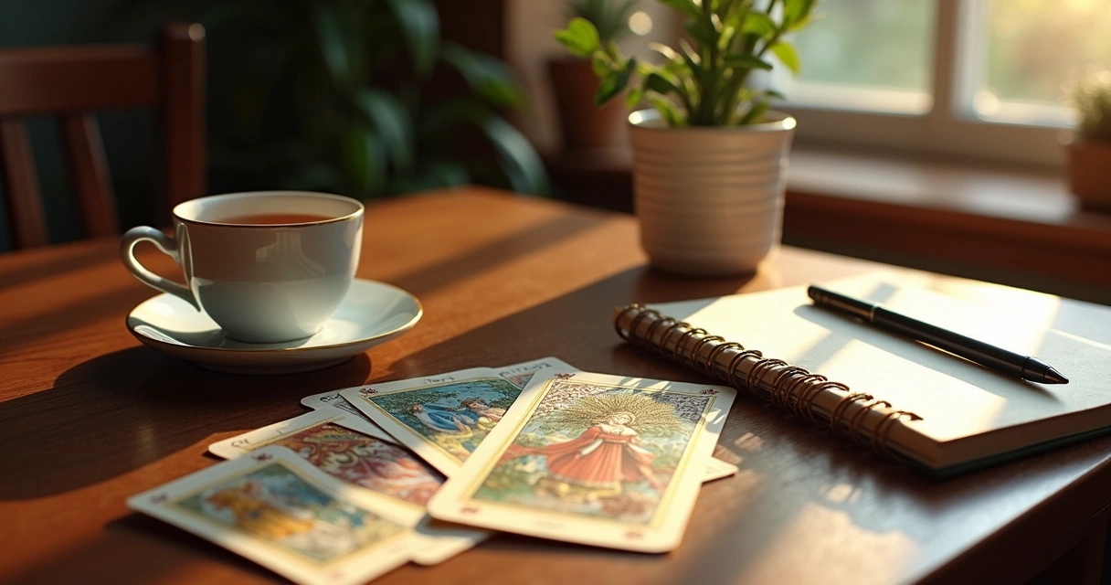 Mesa com cartas Lenormand espalhadas ao lado de uma xícara de chá e um caderno. 