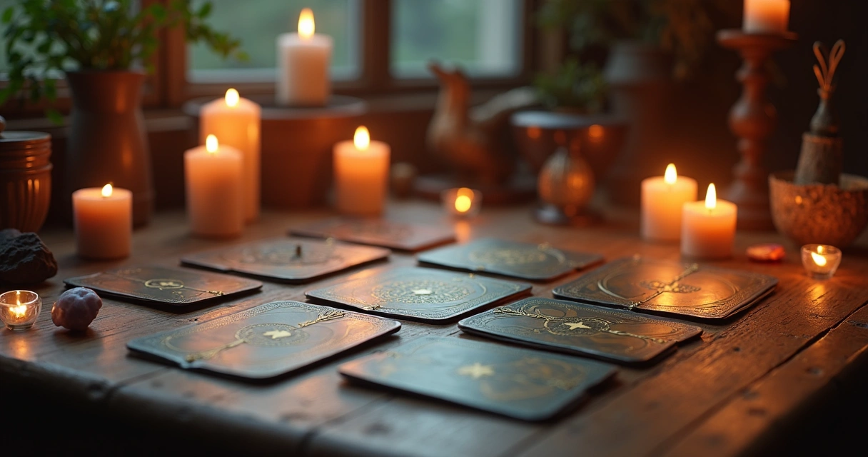 Mesa de cartas de tarot cercada por velas brilhando em ambiente místico 