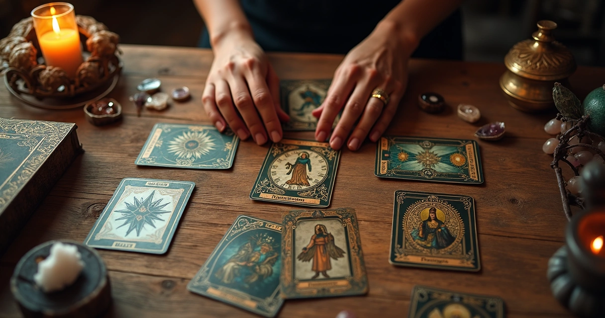 Leitura de cartas de Tarot espalhadas sobre mesa de madeira 