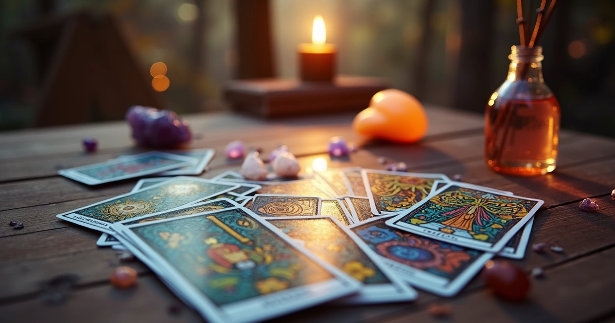 Mesa com cartas de tarot coloridas e cristais 