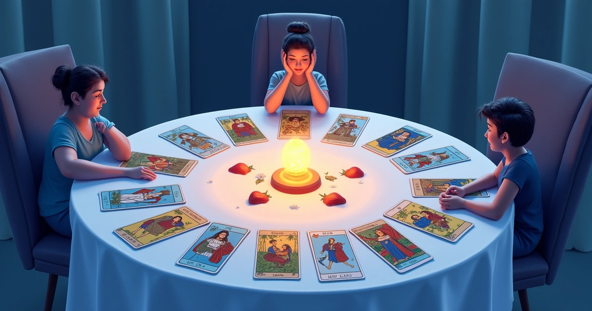 Mesa com cartas de tarot em um padrão circular, luz suave e silhueta contemplativa, simbolizando autoconhecimento e emoções.