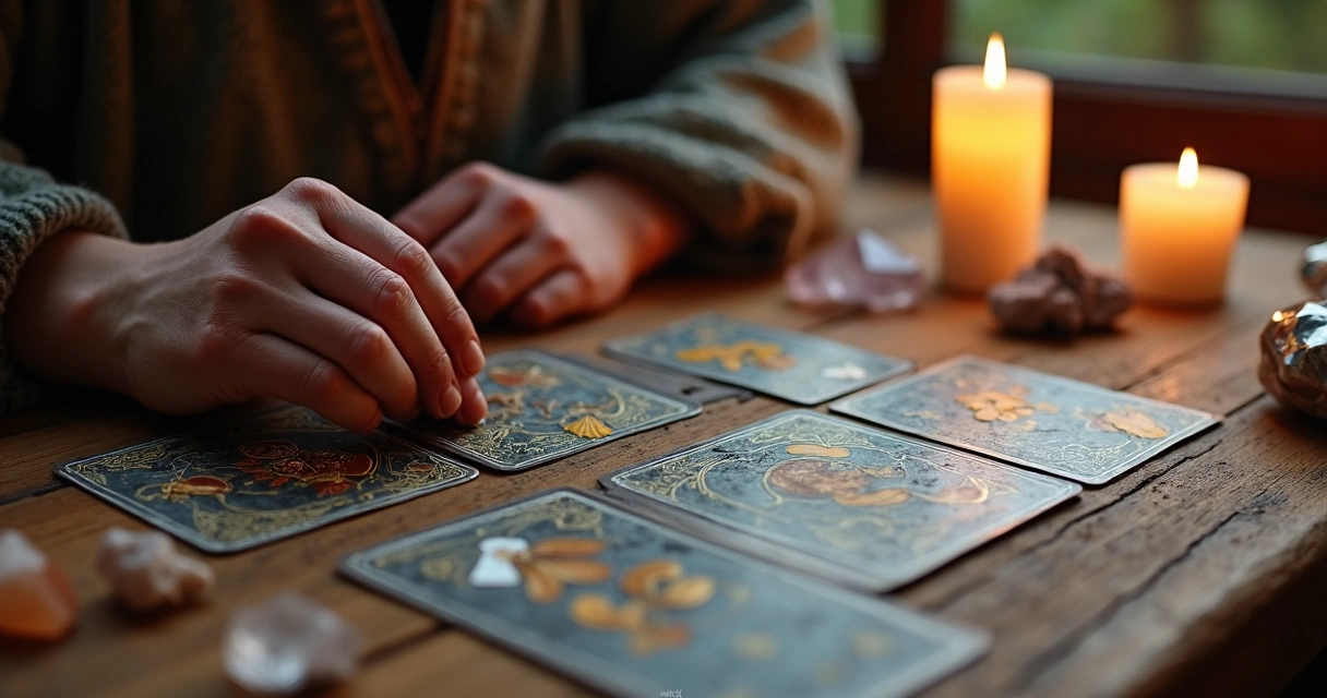 Cartas de tarot, mesa e mãos realizando tiragem esotérica 