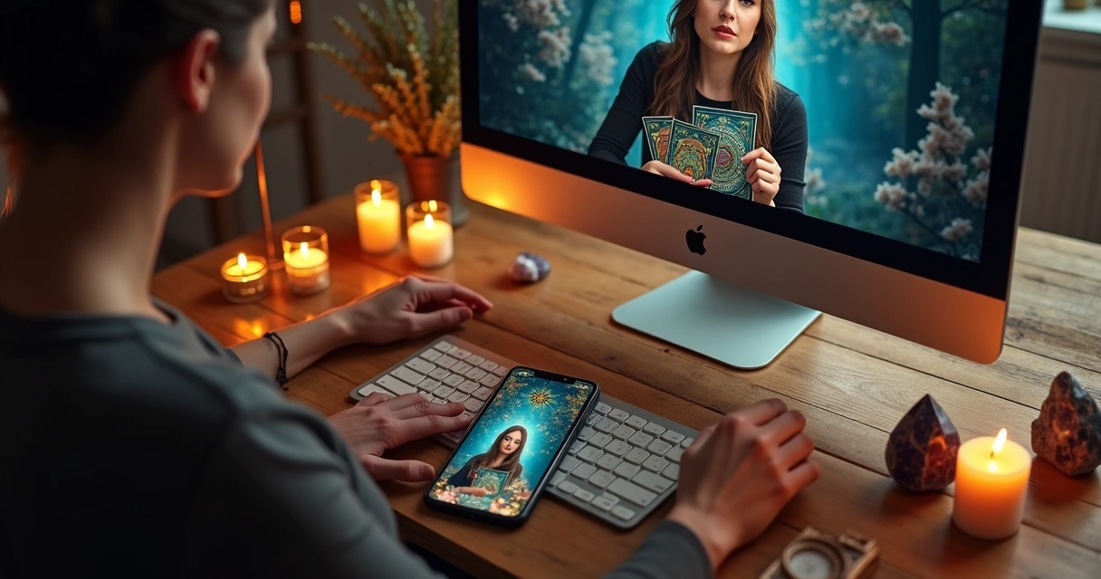 Mesa digital com cartas de tarot online abertas 