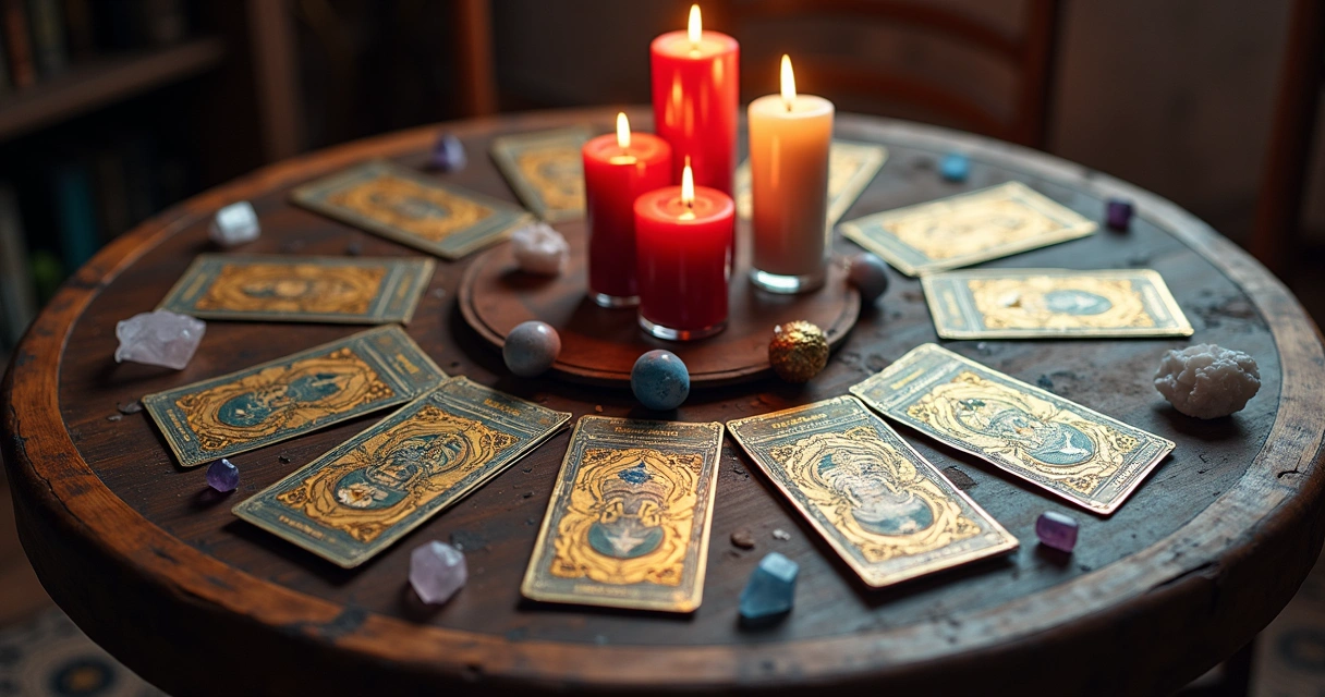 Diferentes baralhos de cartomancia dispostos em uma mesa mística com velas acesas 