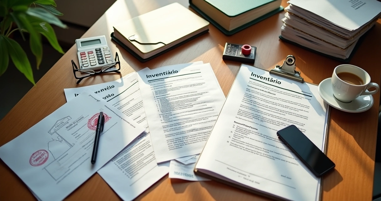 Vista aérea de mesa de cartório com documentos de inventário organizados 