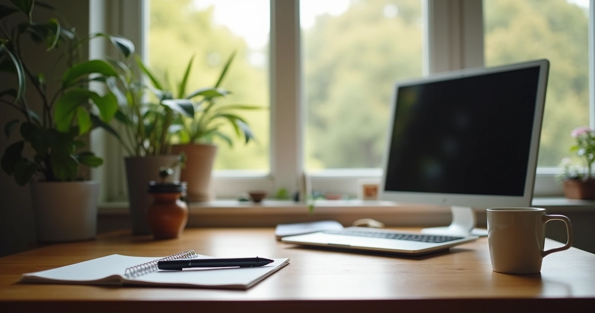 Ambiente de trabalho com mesa, computador e planta ao lado