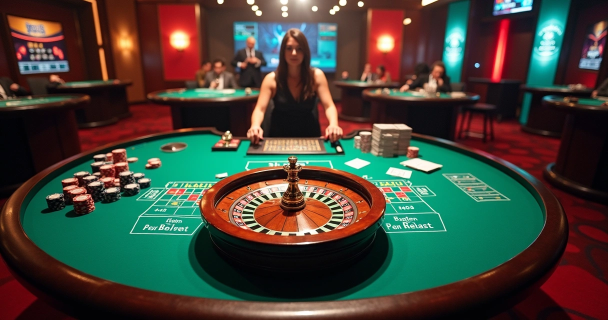 Dealer girando roleta em mesa de cassino ao vivo 