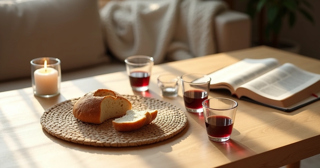 Mesa simples preparada para ceia em casa com pão cálice e Bíblia aberta 