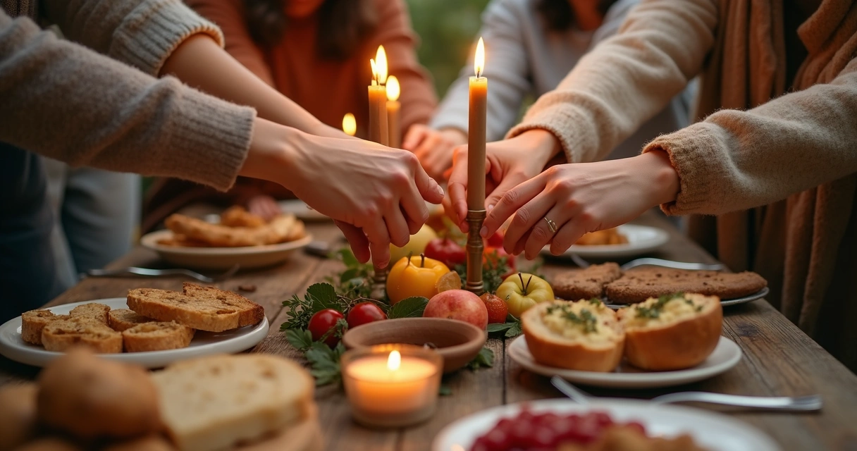 Mesa de celebração simples com comida, velas e mãos se aproximando