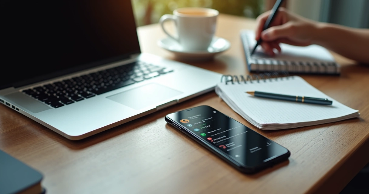 Mesa com celular aceso, notebook aberto e várias notificações na tela