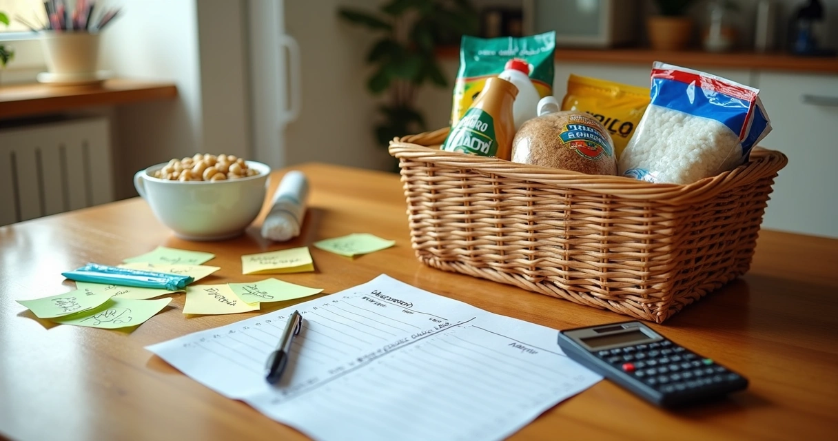 Mesa com cesta de compras organizada, calculadora e lista de mercado destacando gastos mensais 