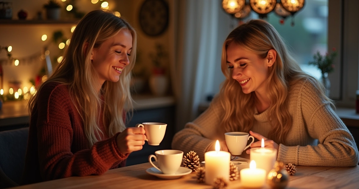 Duas mulheres tomando chá na mesa simples com decoração natalina 