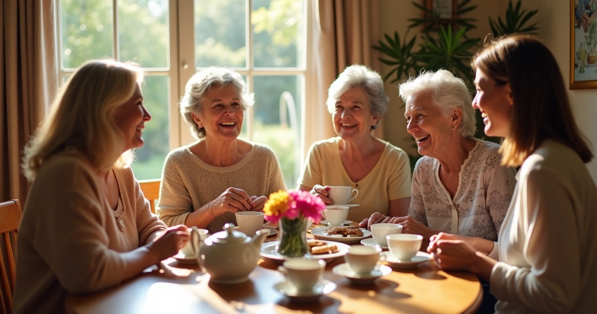 Mesa posta com chá, flores e grupo feminino conversando 
