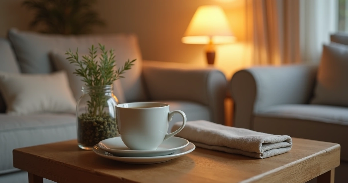 Mesa de chá com luz suave e ambiente doméstico acolhedor