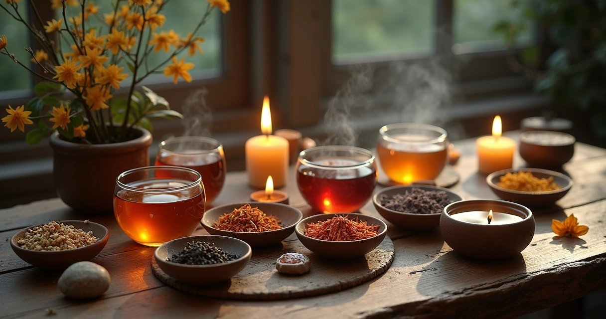 Mesa decorada com ervas, xícaras de chá e velas brancas 