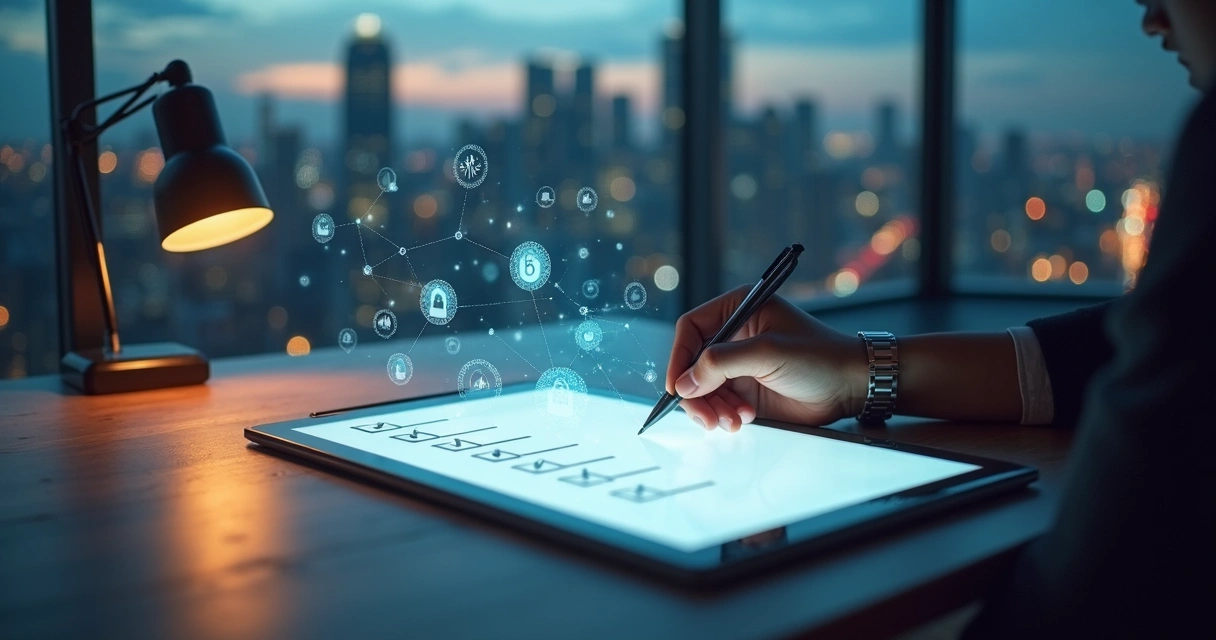 Pessoa marcando checklist iluminado sobre mesa de trabalho com cidade ao fundo 