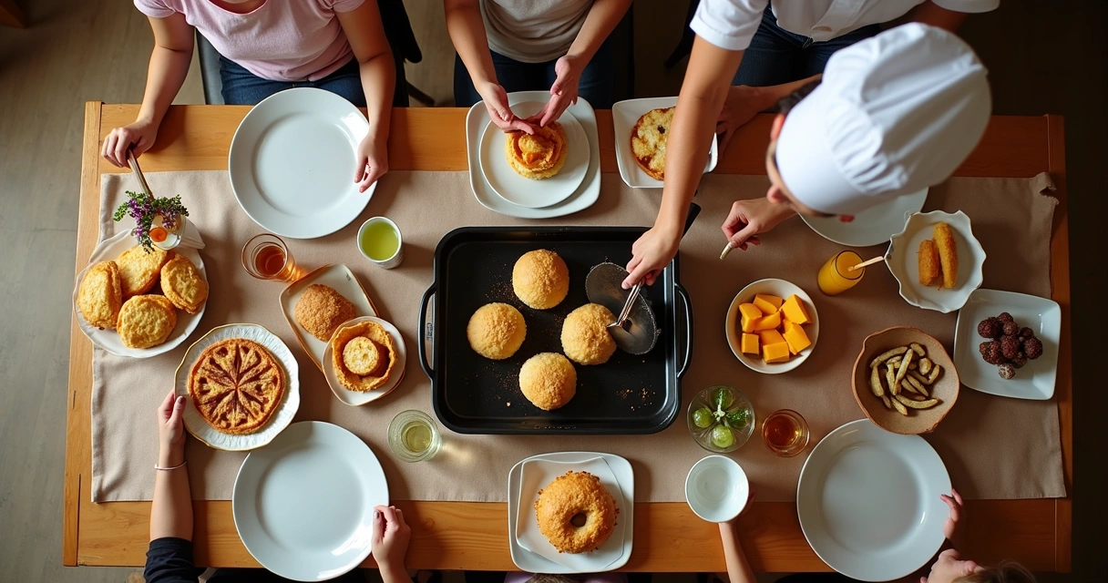 Mesa de festa com comida afetiva variada 