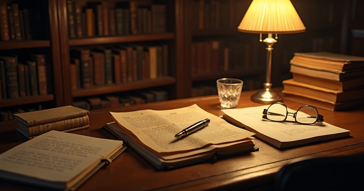 Mesa com livros e cartas psicografadas iluminadas por luz suave ao fundo. 