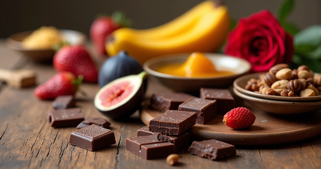 Mesa com chocolates, frutas e itens afrodisíacos 