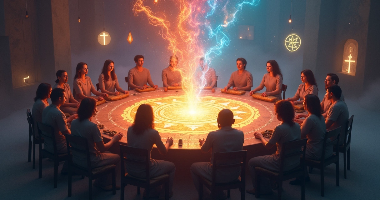 Grupo reunido ao redor de mesa mística com símbolos espirituais e energias coloridas