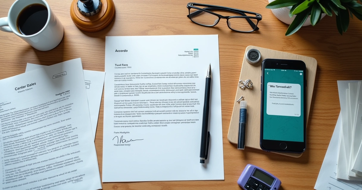 Mesa de escritório com cartas de cobrança extrajudicial, contratos e smartphone 