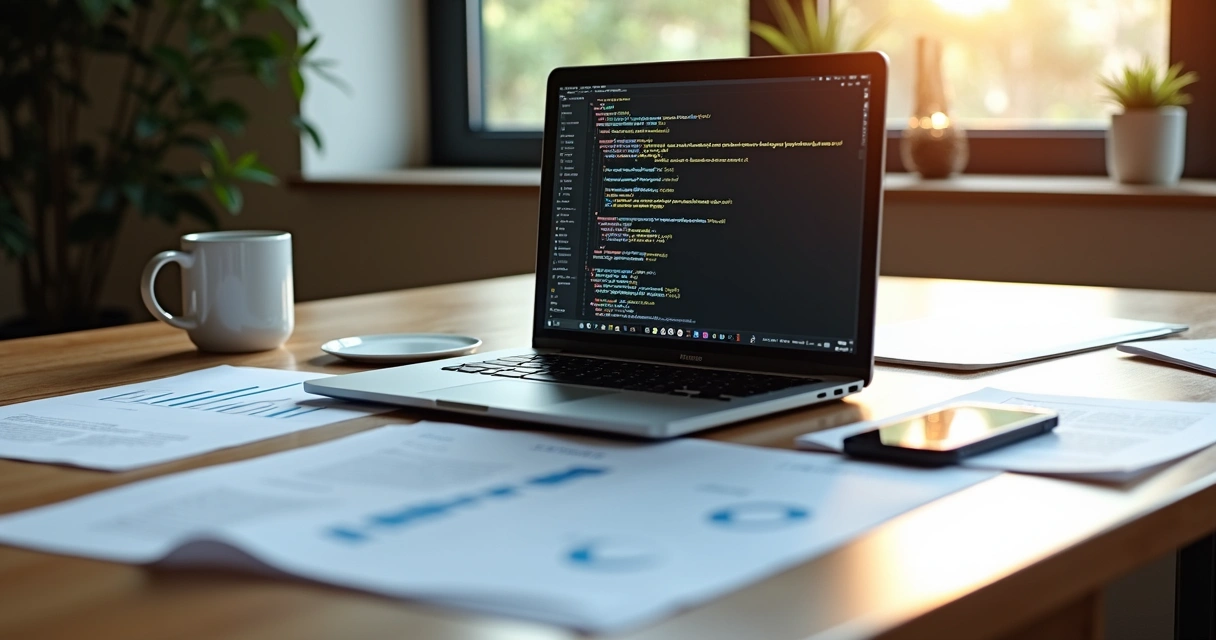 Desenvolvedor programando com papéis de cálculos ao redor 