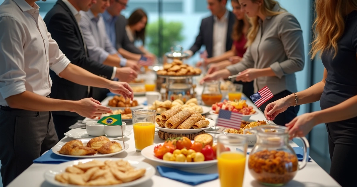 Mesa de coffee break montada em Orlando, com crepes e lanches variados 