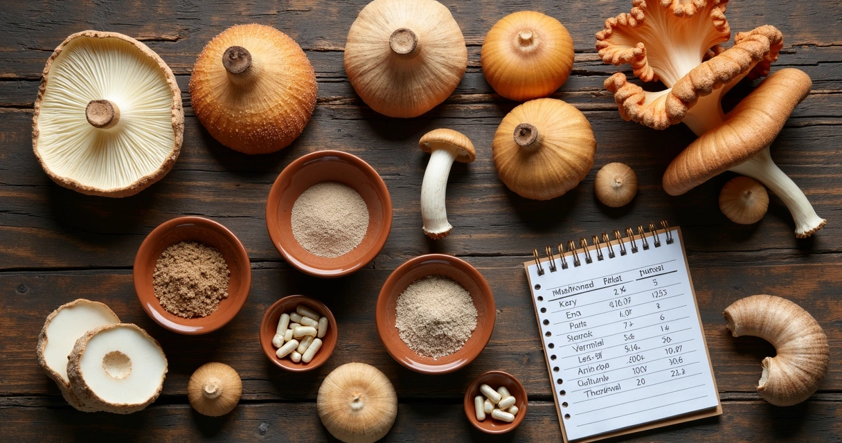 Mesa com variedades de cogumelos e suplementos em pó vistos de cima 