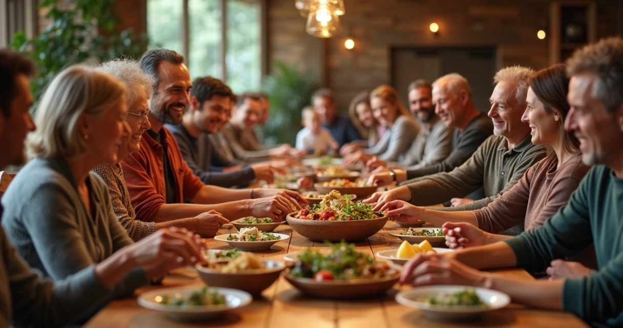 Pessoas compartilhando comida ao redor de mesa comunitária