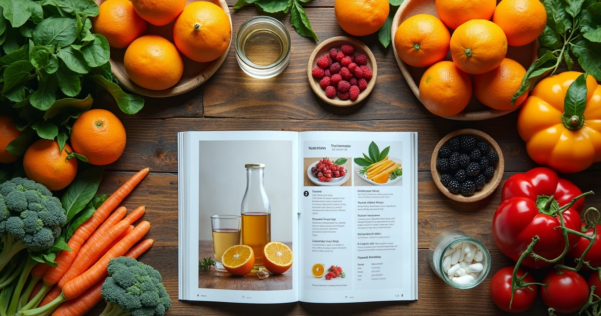 Mesa com frutas, vegetais coloridos e suplementos vitamínicos 