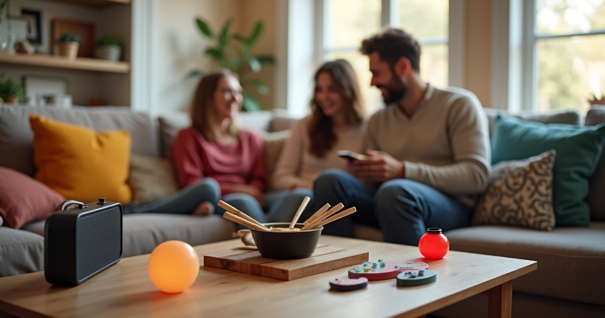 Mesa com acessórios de lazer variados e pessoas relaxando 