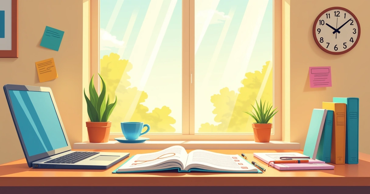 Mesa de trabalho organizada com agenda e material de foco