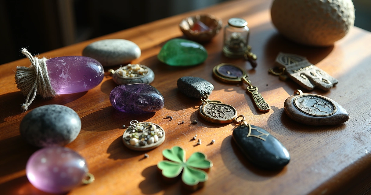 Diversos amuletos, pedras e ervas organizados em mesa de madeira 