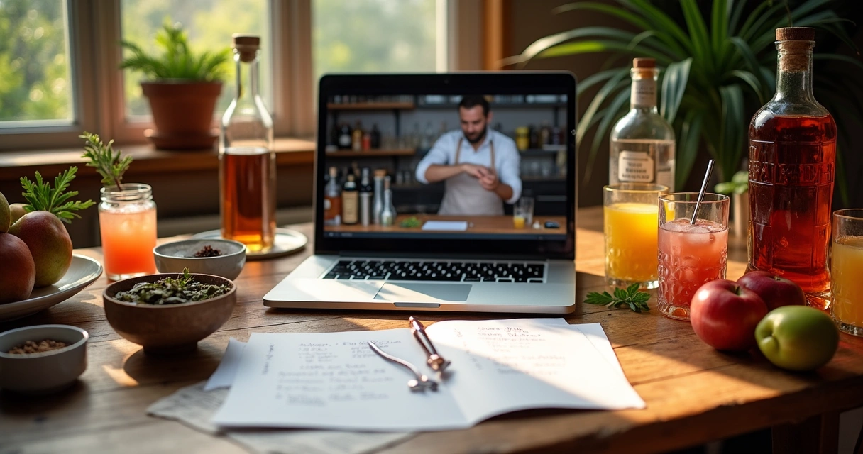 Mesa com livros de coquetelaria, taças, ingredientes e notebook 