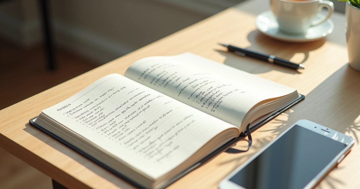 Caderno aberto com lista de tarefas e café ao lado em mesa clara