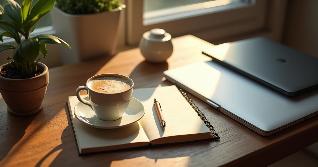 Mesa com xícara de café, caderno e notebook, pausa para relaxar