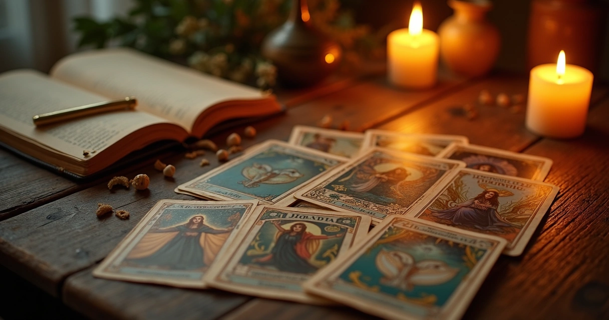 Mesa com cartas de tarot, baralho aberto e velas próximas, ambiente místico e sereno.