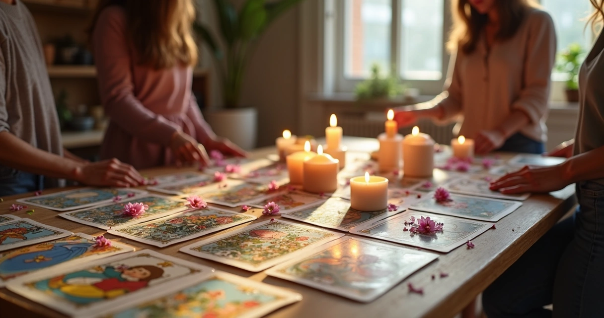 Mesa decorada com cartas de tarot e acessórios de festa 