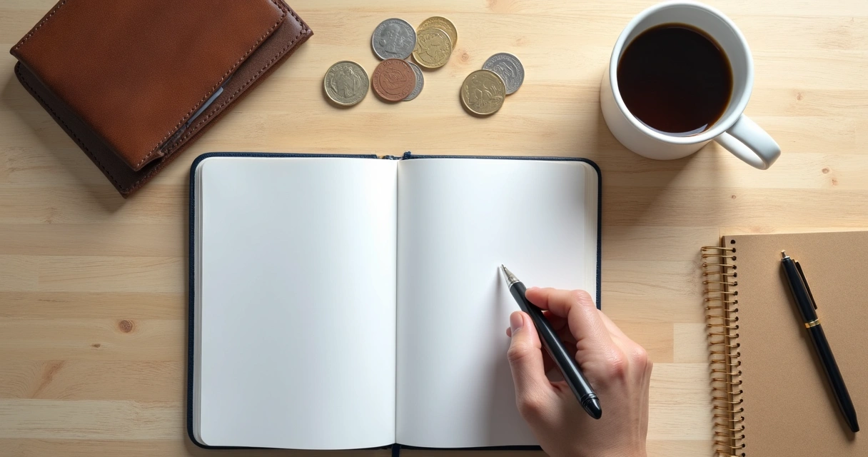 Carteira, moedas e caderno sobre mesa clara 