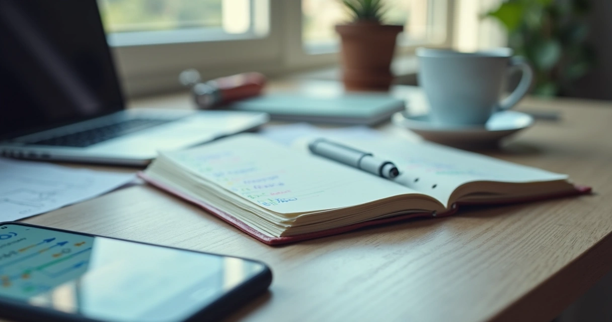 Mesa com celular, café e agenda aberta em ambiente de trabalho 