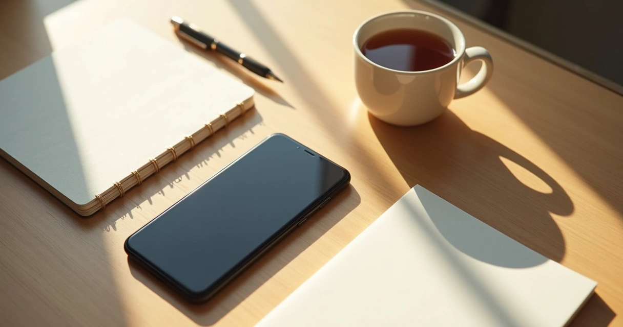 Celular desligado sobre mesa com caderno e xícara 