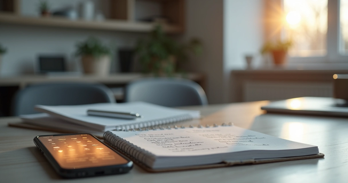 Mesa de trabalho com celular aceso ao lado de caderno e notebook 