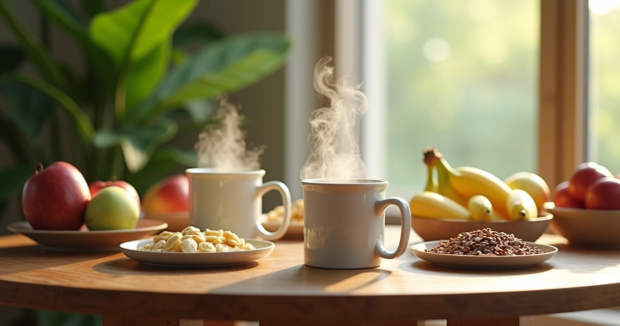 Xícaras de chá de ervas e frutas frescas sobre mesa de madeira 