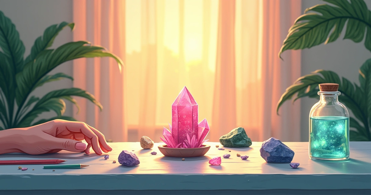 Mesa de trabalho com cristais coloridos e uma tigela com água, criando uma atmosfera relaxante.