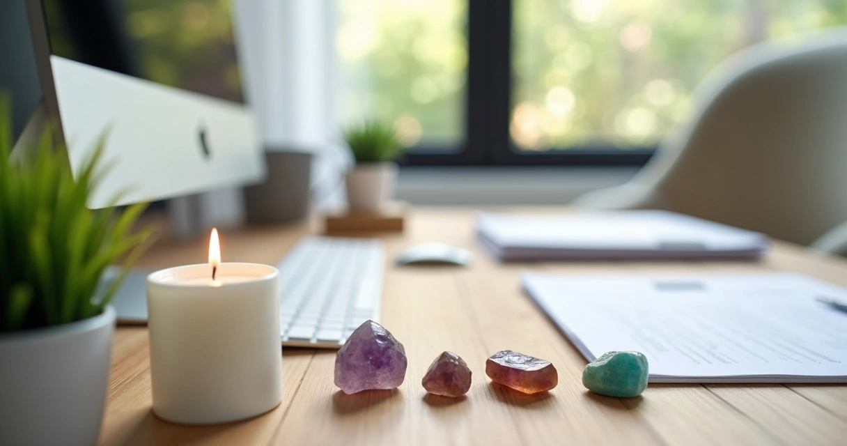 Mesa de escritório com cristais coloridos e pequenos vasos