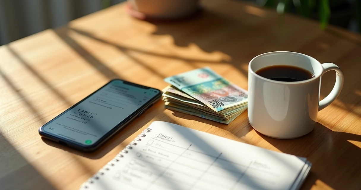 Mesa com celular, dinheiro e relatório de gastos 