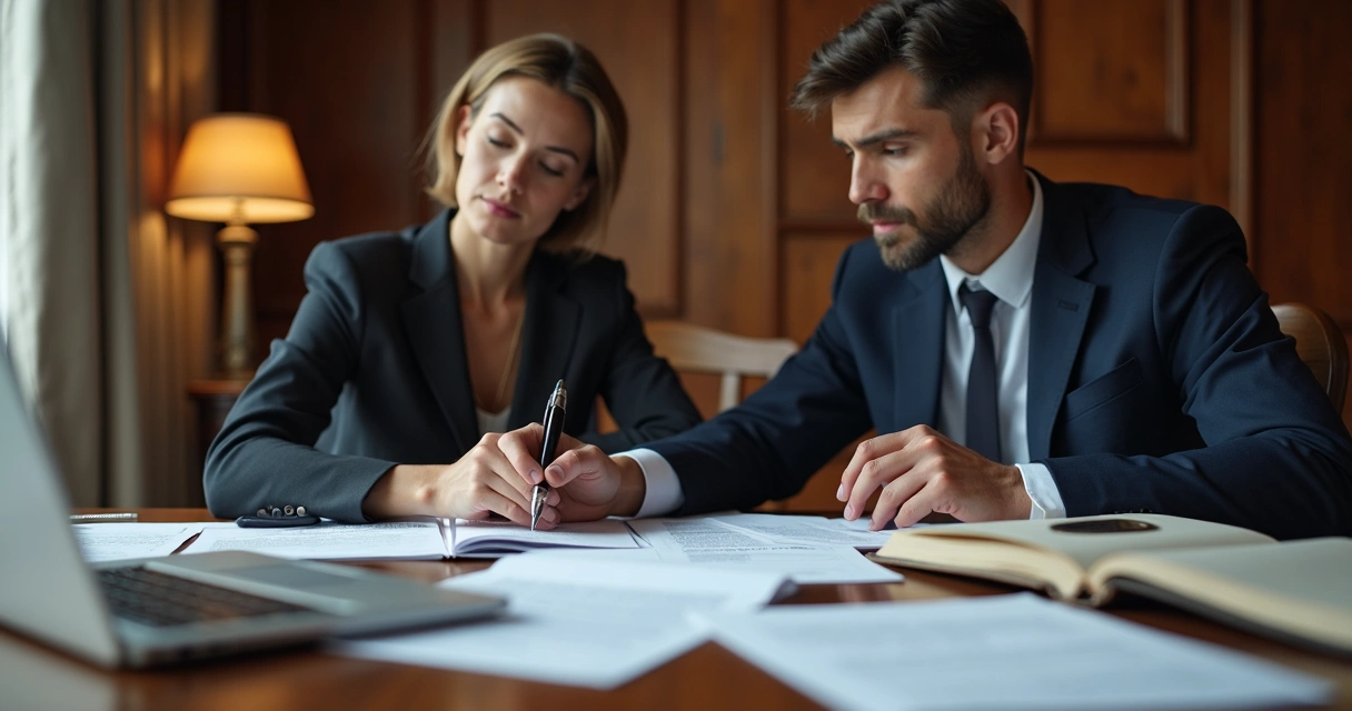 Advogado revisando documentos de licitação em mesa com editais abertos e computador