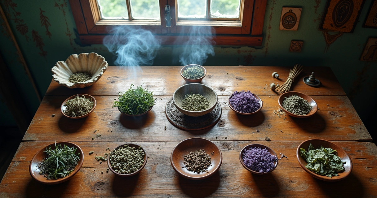 Mesa com várias ervas secas separadas para defumação